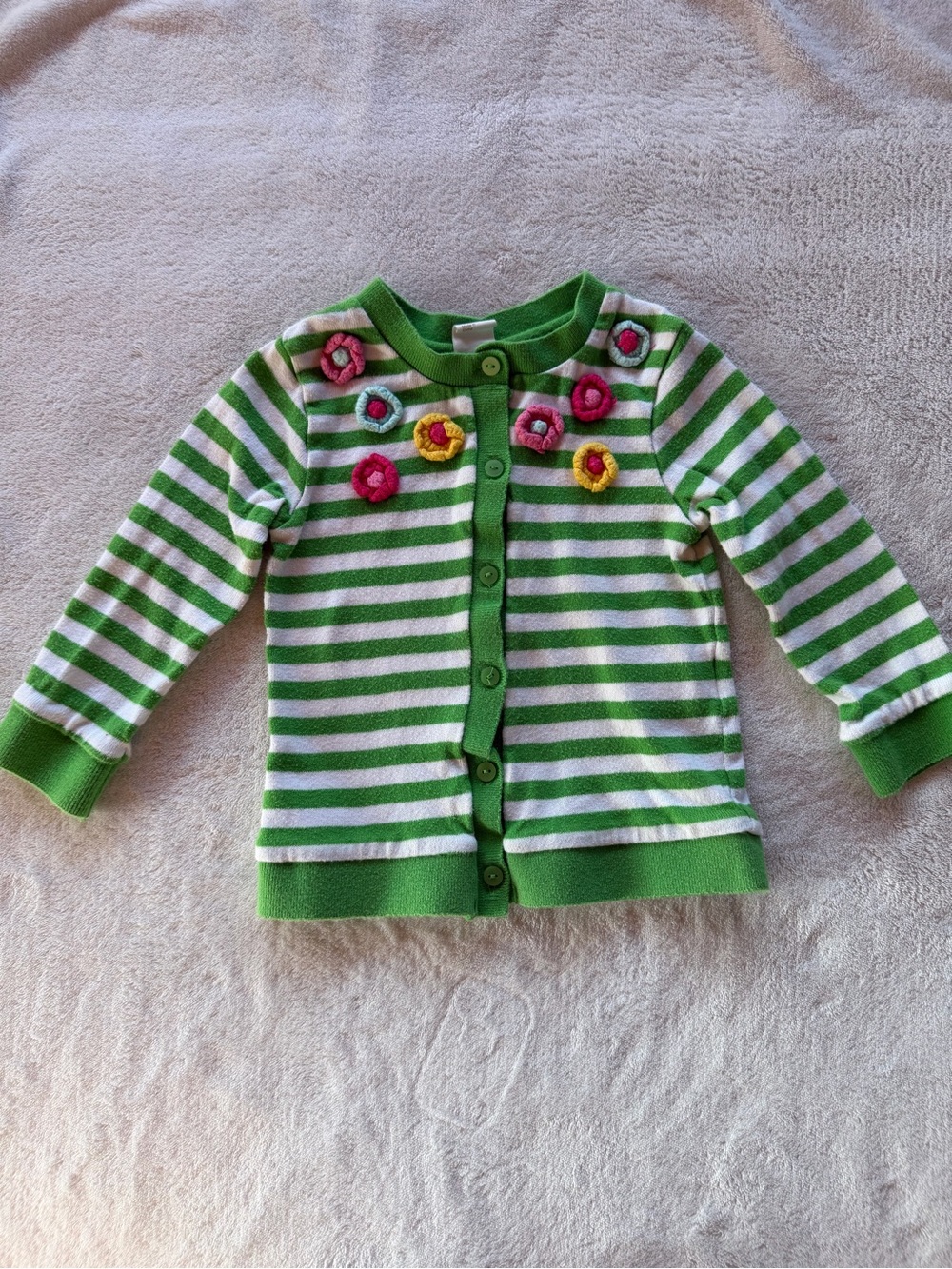 H&M Green and White Striped Cardigan with Floral Appliques Size 12-18M